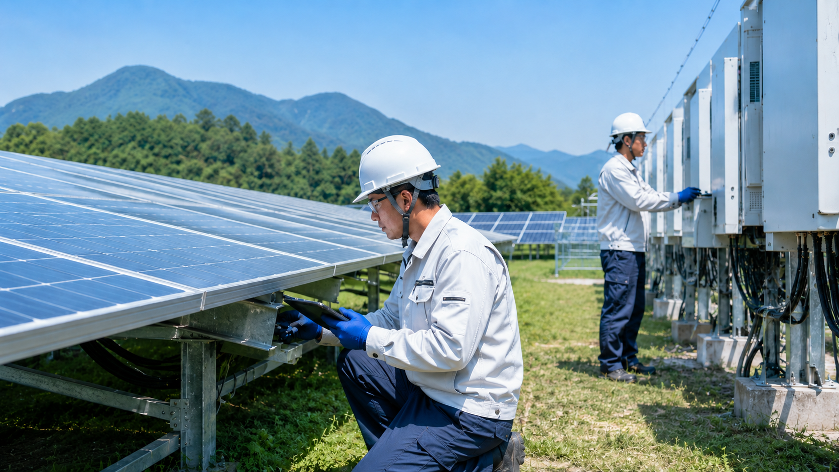 太陽光発電所の報告書作成と現地対応のイメージ